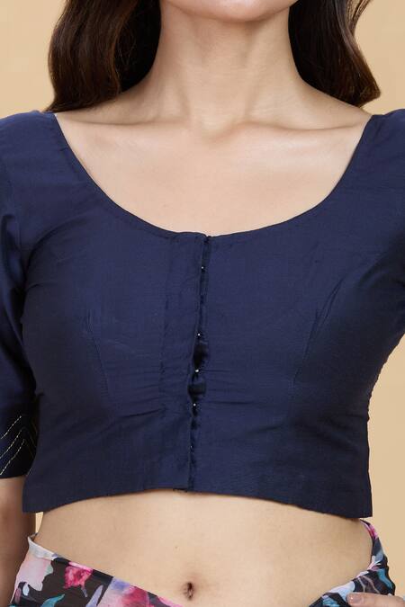 Buy Kalakaari By Sagarika Blue Silk Round Neck Lurex Stripe Detailed Blouse Online at Aza Fashions Buy_Kalakaari By Sagarika_Blue Silk Round Neck Lurex Stripe Detailed Blouse _Online_at_Aza_Fashions