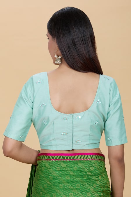 Shop Kalakaari By Sagarika Green Silk Mirrors Round Neck Embroidered Blouse at Aza Fashions Shop_Kalakaari By Sagarika_Green Silk Mirrors Round Neck Embroidered Blouse _at_Aza_Fashions
