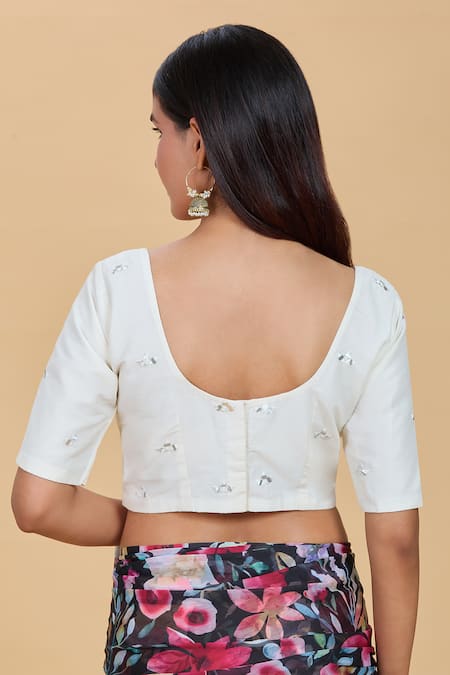 Shop Kalakaari By Sagarika White Spandex Mirrors Round Neck Work Blouse at Aza Fashions Shop_Kalakaari By Sagarika_White Spandex Mirrors Round Neck Work Blouse _at_Aza_Fashions