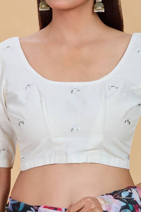 Shop Kalakaari By Sagarika White Spandex Mirrors Round Neck Work Blouse Online at Aza Fashions Shop_Kalakaari By Sagarika_White Spandex Mirrors Round Neck Work Blouse _Online_at_Aza_Fashions