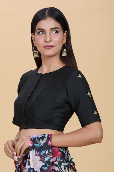 Buy_Kalakaari By Sagarika_Black Silk Embroidery Round Neck Floral Marodi Work Blouse _Online_at_Aza_Fashions
