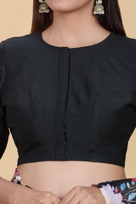 Kalakaari By Sagarika_Black Silk Embroidery Round Neck Floral Marodi Work Blouse _at_Aza_Fashions