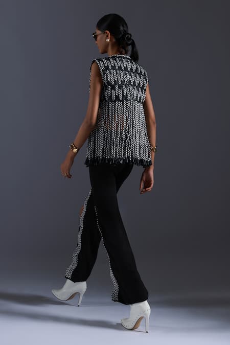 Shop_Devina Juneja_Black Scrap Leather Dori Weave Round Neck Monochrome Jacket _at_Aza_Fashions