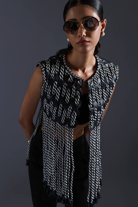 Devina Juneja_Black Scrap Leather Dori Weave Round Neck Monochrome Jacket _Online_at_Aza_Fashions