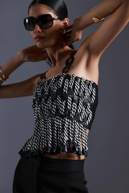 Devina Juneja Black Luxury Crepe Dori Weave Square Neck Monochrome Vest Online at Aza Fashions Devina Juneja_Black Luxury Crepe Dori Weave Square Neck Monochrome Vest _Online_at_Aza_Fashions