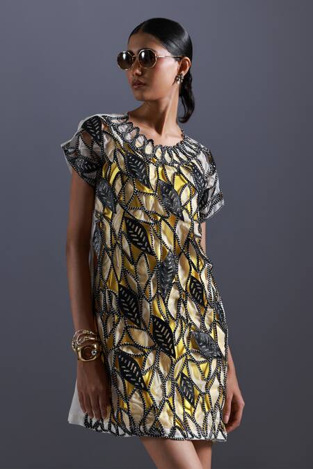 Devina Juneja Black Thick Organza Fabric Dori Weave Scoop Monochrome Leaf Dress With Inner Online at Aza Fashions Devina Juneja_Black Thick Organza Fabric Dori Weave Scoop Monochrome Leaf Dress With Inner _Online_at_Aza_Fashions