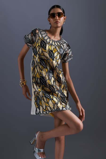 Buy Devina Juneja Black Thick Organza Fabric Dori Weave Scoop Monochrome Leaf Dress With Inner Online at Aza Fashions Buy_Devina Juneja_Black Thick Organza Fabric Dori Weave Scoop Monochrome Leaf Dress With Inner _Online_at_Aza_Fashions