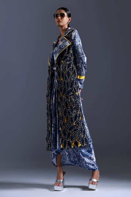 Devina Juneja Yellow Luxury Crepe Dori Weave Lapel Collar Monochrome Leaf Jacket Online at Aza Fashions Devina Juneja_Yellow Luxury Crepe Dori Weave Lapel Collar Monochrome Leaf Jacket _Online_at_Aza_Fashions