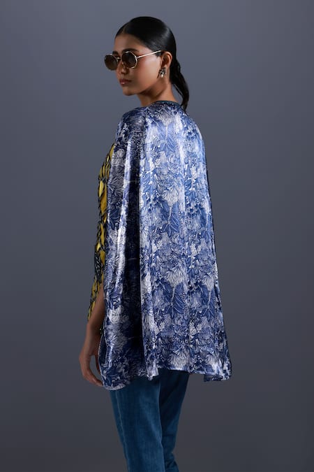 Shop Devina Juneja Yellow Monochrome Dori Leaf Printed Satin Cape at Aza Fashions Shop_Devina Juneja_Yellow Monochrome Dori Leaf Printed Satin Cape _at_Aza_Fashions