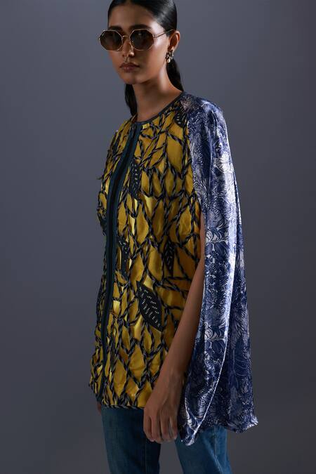 Devina Juneja Yellow Monochrome Dori Leaf Printed Satin Cape Online at Aza Fashions Devina Juneja_Yellow Monochrome Dori Leaf Printed Satin Cape _Online_at_Aza_Fashions