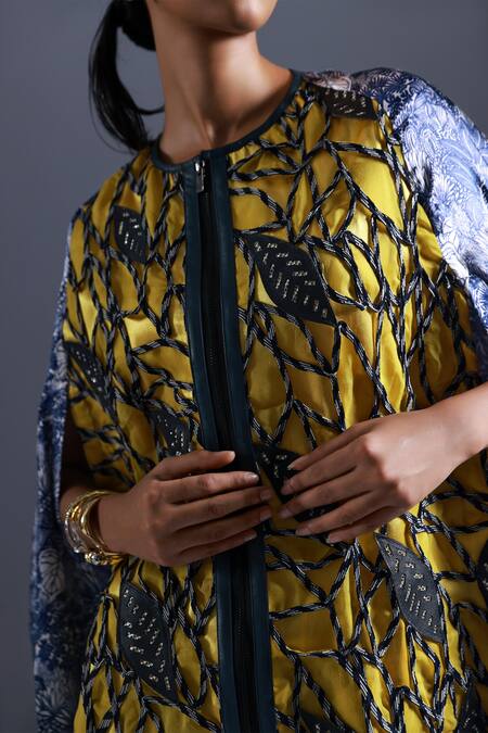Buy Devina Juneja Yellow Monochrome Dori Leaf Printed Satin Cape Online at Aza Fashions Buy_Devina Juneja_Yellow Monochrome Dori Leaf Printed Satin Cape _Online_at_Aza_Fashions