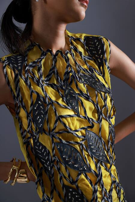 Buy_Devina Juneja_Yellow Thick Organza Fabric Dori Weave Scoop Monochrome Leaf Top With Inner _Online_at_Aza_Fashions