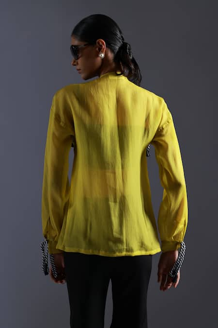 Shop Devina Juneja Yellow Thick Organza Dori Weave Scoop Neck Monochrome Tassel Embellished Shirt at Aza Fashions Shop_Devina Juneja_Yellow Thick Organza Dori Weave Scoop Neck Monochrome Tassel Embellished Shirt _at_Aza_Fashions
