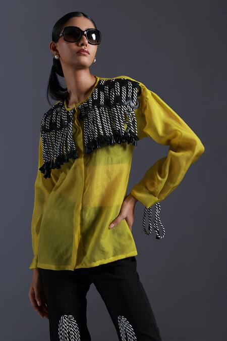Devina Juneja Yellow Thick Organza Dori Weave Scoop Neck Monochrome Tassel Embellished Shirt Online at Aza Fashions Devina Juneja_Yellow Thick Organza Dori Weave Scoop Neck Monochrome Tassel Embellished Shirt _Online_at_Aza_Fashions