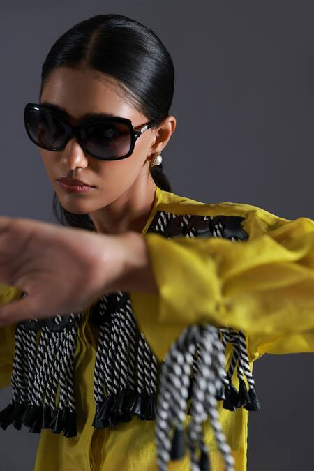 Buy Devina Juneja Yellow Thick Organza Dori Weave Scoop Neck Monochrome Tassel Embellished Shirt Online at Aza Fashions Buy_Devina Juneja_Yellow Thick Organza Dori Weave Scoop Neck Monochrome Tassel Embellished Shirt _Online_at_Aza_Fashions