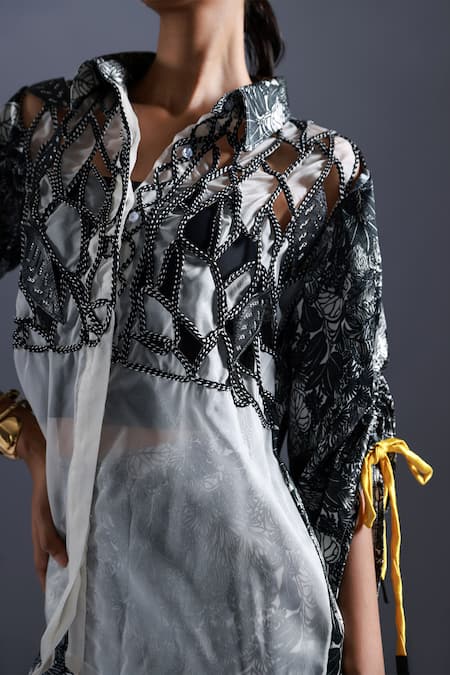 Devina Juneja Black Thick Organza Fabric Dori Weave Collar Neck Monochrome Leaf Shirt Online at Aza Fashions Devina Juneja_Black Thick Organza Fabric Dori Weave Collar Neck Monochrome Leaf Shirt _Online_at_Aza_Fashions