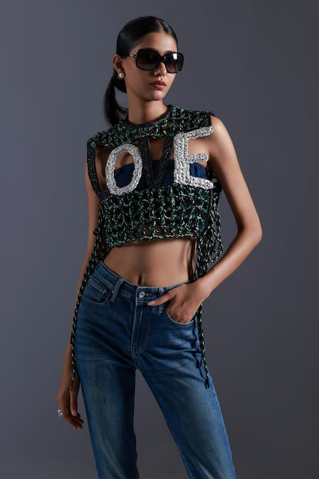 Devina Juneja Green Scrap Leather Dori Weave High Round Neck And Love Vest Top 