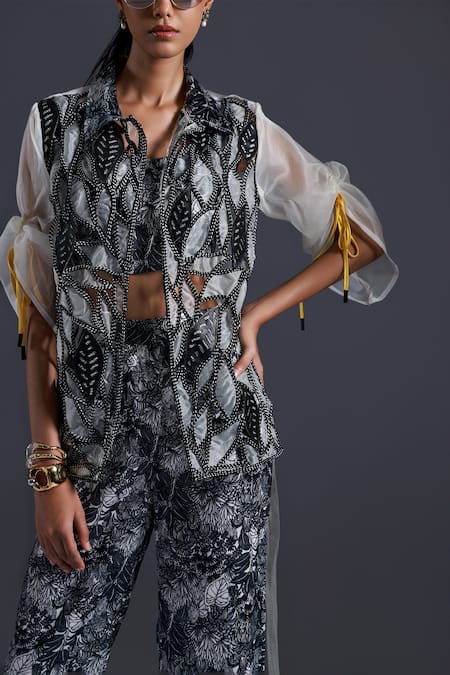 Shop Devina Juneja Black Satin Square Neck Gardenia Bloom Print Crop Top With Palazzo at Aza Fashions Shop_Devina Juneja_Black Satin Square Neck Gardenia Bloom Print Crop Top With Palazzo _at_Aza_Fashions