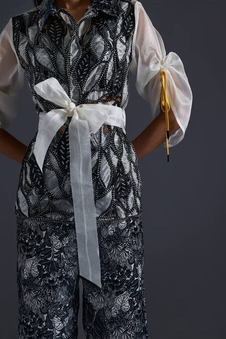 Devina Juneja Black Satin Square Neck Gardenia Bloom Print Crop Top With Palazzo Online at Aza Fashions Devina Juneja_Black Satin Square Neck Gardenia Bloom Print Crop Top With Palazzo _Online_at_Aza_Fashions