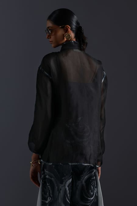 Shop Devina Juneja Black Thick Organza Applique Rosa Band Collar Leather Shirt at Aza Fashions Shop_Devina Juneja_Black Thick Organza Applique Rosa Band Collar Leather Shirt _at_Aza_Fashions