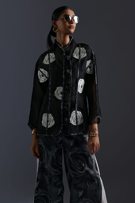 Devina Juneja Black Thick Organza Applique Rosa Band Collar Leather Shirt Online at Aza Fashions Devina Juneja_Black Thick Organza Applique Rosa Band Collar Leather Shirt _Online_at_Aza_Fashions