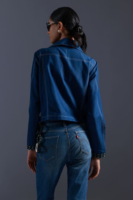 Shop Devina Juneja Blue Thin Denim Dori Weave Scrap Leather And Sphere Tassel Embellished Jacket at Aza Fashions Shop_Devina Juneja_Blue Thin Denim Dori Weave Scrap Leather And Sphere Tassel Embellished Jacket _at_Aza_Fashions