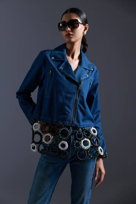 Buy Devina Juneja Blue Thin Denim Dori Weave Scrap Leather And Sphere Tassel Embellished Jacket Online at Aza Fashions Buy_Devina Juneja_Blue Thin Denim Dori Weave Scrap Leather And Sphere Tassel Embellished Jacket _Online_at_Aza_Fashions