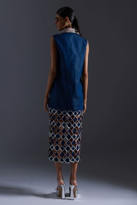 Shop Devina Juneja Blue Thin Denim Applique Dori Weave Spread Collar Cutwork Long Dress at Aza Fashions Shop_Devina Juneja_Blue Thin Denim Applique Dori Weave Spread Collar Cutwork Long Dress _at_Aza_Fashions