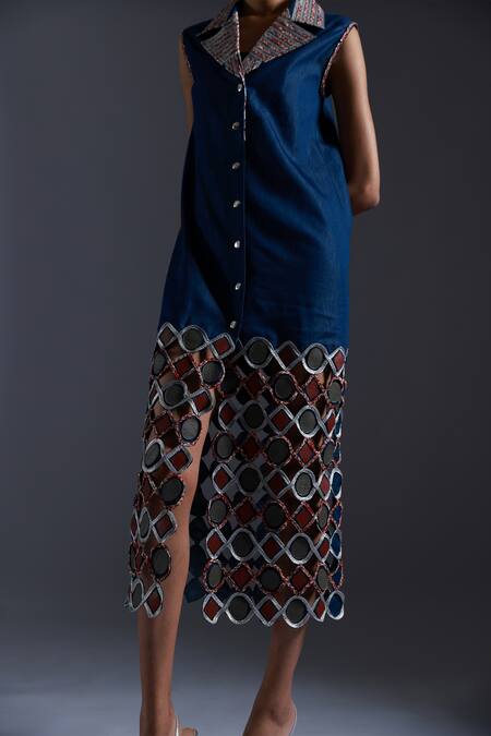 Devina Juneja Blue Thin Denim Applique Dori Weave Spread Collar Cutwork Long Dress Online at Aza Fashions Devina Juneja_Blue Thin Denim Applique Dori Weave Spread Collar Cutwork Long Dress _Online_at_Aza_Fashions