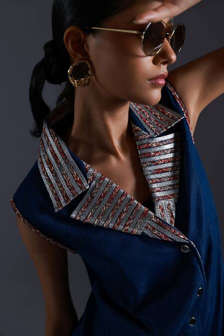 Buy Devina Juneja Blue Thin Denim Applique Dori Weave Spread Collar Cutwork Long Dress Online at Aza Fashions Buy_Devina Juneja_Blue Thin Denim Applique Dori Weave Spread Collar Cutwork Long Dress _Online_at_Aza_Fashions