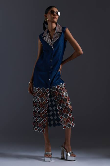 Shop Devina Juneja Blue Thin Denim Applique Dori Weave Spread Collar Cutwork Long Dress Online at Aza Fashions Shop_Devina Juneja_Blue Thin Denim Applique Dori Weave Spread Collar Cutwork Long Dress _Online_at_Aza_Fashions