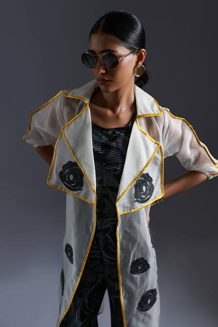 Devina Juneja Black Thick Organza Fabric Applique Rosa Spread Lapel Leather Trench Coat Online at Aza Fashions Devina Juneja_Black Thick Organza Fabric Applique Rosa Spread Lapel Leather Trench Coat _Online_at_Aza_Fashions