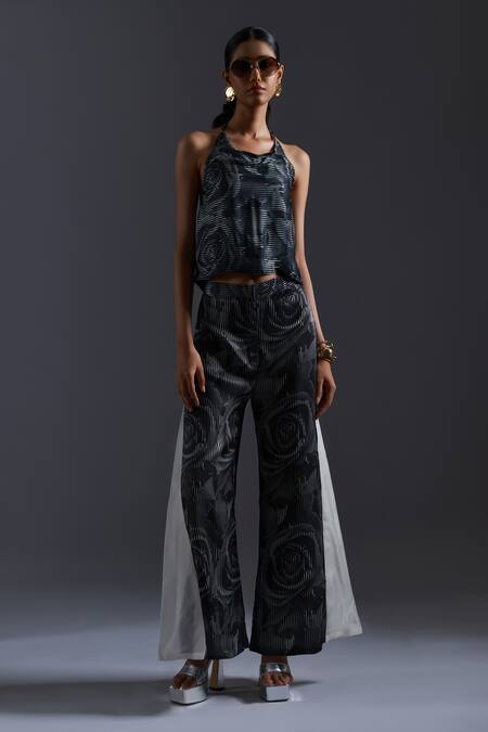 Buy_Devina Juneja_Black Satin Print Rosette Halter Neck Top With Palazzo _Online_at_Aza_Fashions