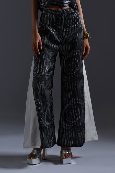 Shop_Devina Juneja_Black Satin Print Rosette Halter Neck Top With Palazzo _Online_at_Aza_Fashions