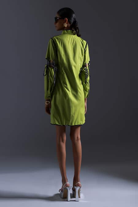 Shop Devina Juneja Green Pure Cotton Applique Rose Band Collar And Satin Piping Short Shirt Dress at Aza Fashions Shop_Devina Juneja_Green Pure Cotton Applique Rose Band Collar And Satin Piping Short Shirt Dress _at_Aza_Fashions