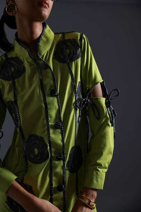 Devina Juneja Green Pure Cotton Applique Rose Band Collar And Satin Piping Short Shirt Dress Online at Aza Fashions Devina Juneja_Green Pure Cotton Applique Rose Band Collar And Satin Piping Short Shirt Dress _Online_at_Aza_Fashions