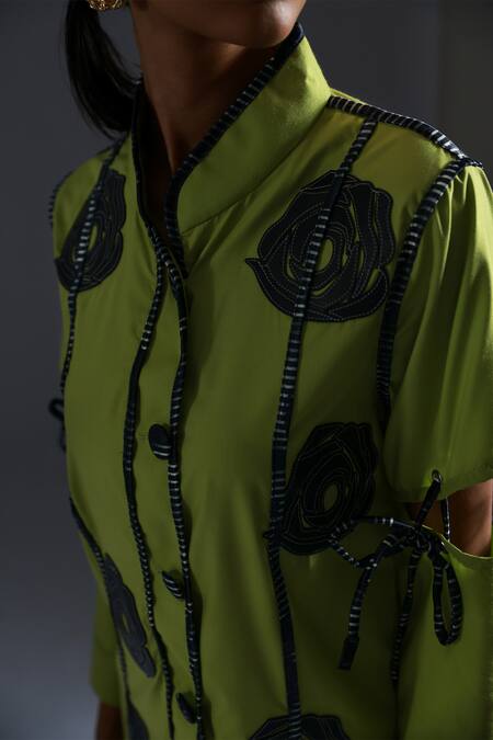 Buy Devina Juneja Green Pure Cotton Applique Rose Band Collar And Satin Piping Short Shirt Dress Online at Aza Fashions Buy_Devina Juneja_Green Pure Cotton Applique Rose Band Collar And Satin Piping Short Shirt Dress _Online_at_Aza_Fashions
