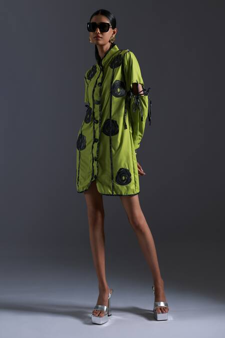 Shop Devina Juneja Green Pure Cotton Applique Rose Band Collar And Satin Piping Short Shirt Dress Online at Aza Fashions Shop_Devina Juneja_Green Pure Cotton Applique Rose Band Collar And Satin Piping Short Shirt Dress _Online_at_Aza_Fashions