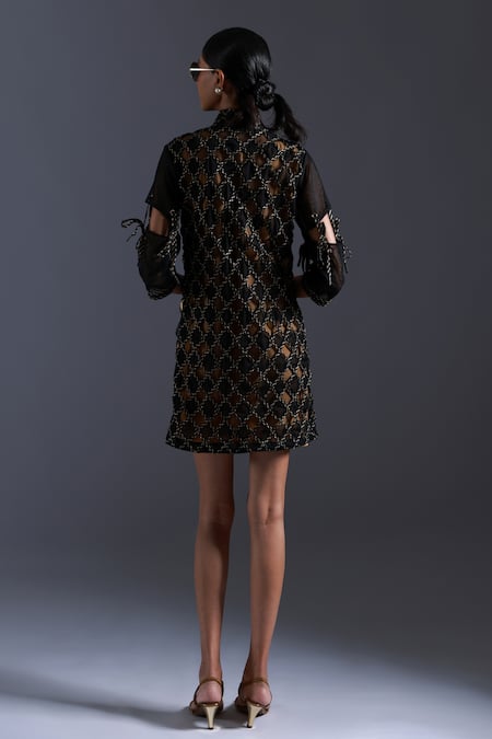 Shop Devina Juneja Black Tulle Applique Dori Geometric Leather Knotted Sleeves Dress With Inner at Aza Fashions Shop_Devina Juneja_Black Tulle Applique Dori Geometric Leather Knotted Sleeves Dress With Inner _at_Aza_Fashions