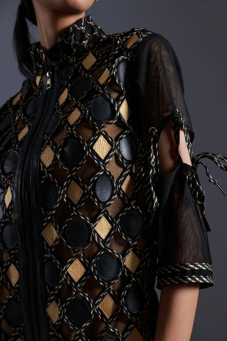 Devina Juneja Black Tulle Applique Dori Geometric Leather Knotted Sleeves Dress With Inner Online at Aza Fashions Devina Juneja_Black Tulle Applique Dori Geometric Leather Knotted Sleeves Dress With Inner _Online_at_Aza_Fashions