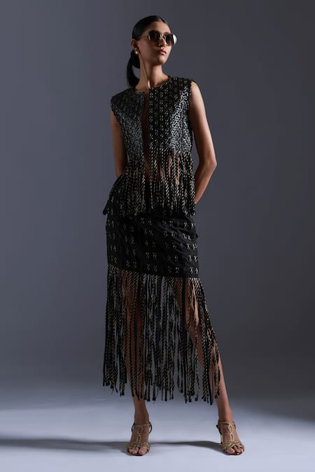 Devina Juneja_Black Leather, Lace Fringe Open Neck Checkered Weave Jacket _Online_at_Aza_Fashions