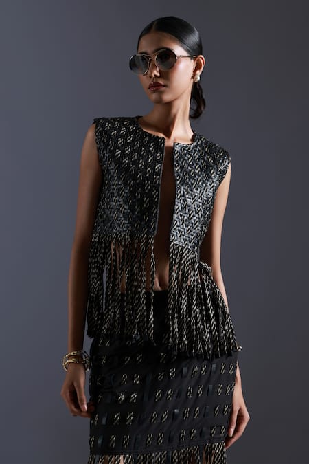 Buy_Devina Juneja_Black Leather, Lace Fringe Open Neck Checkered Weave Jacket _Online_at_Aza_Fashions