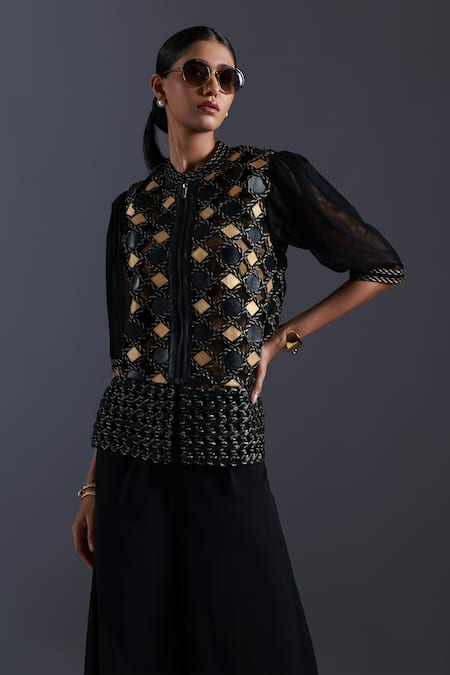 Devina Juneja Black Tulle Leather Weave Round Neck Geometric Jaal Applique Top