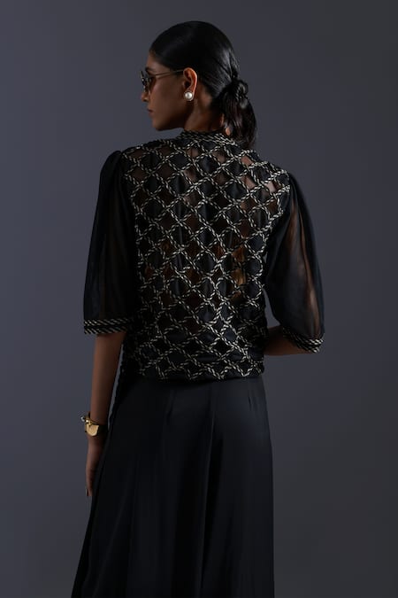 Shop_Devina Juneja_Black Tulle, Taffeta Round Neck Geometric Leather Jaal Applique Top _at_Aza_Fashions