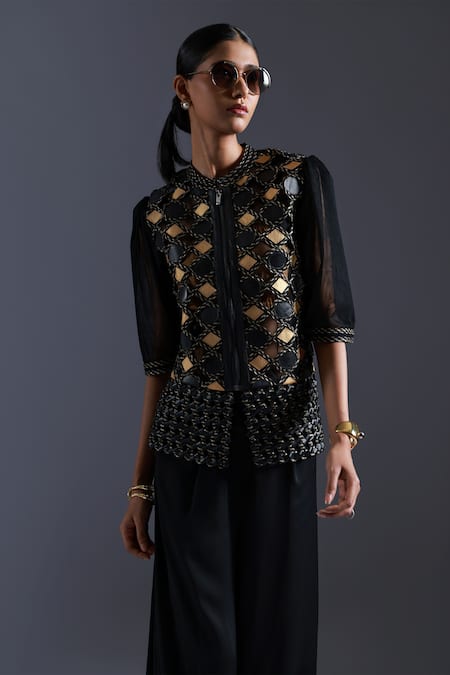 Devina Juneja_Black Tulle, Taffeta Round Neck Geometric Leather Jaal Applique Top _Online_at_Aza_Fashions