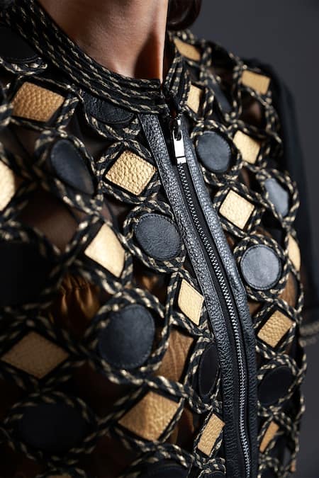 Buy_Devina Juneja_Black Tulle, Taffeta Round Neck Geometric Leather Jaal Applique Top _Online_at_Aza_Fashions