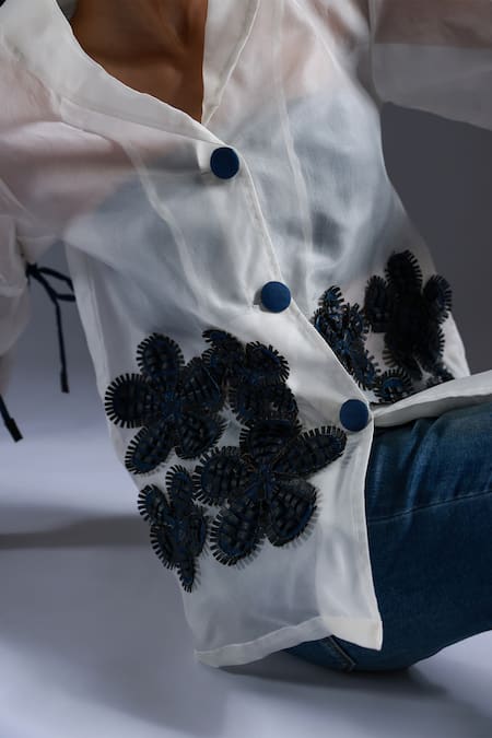 Devina Juneja Black Thick Organza Applique Leather Bloom Sailor Collar Blazer Online at Aza Fashions Devina Juneja_Black Thick Organza Applique Leather Bloom Sailor Collar Blazer _Online_at_Aza_Fashions