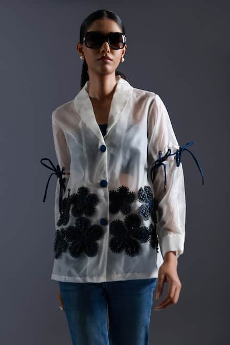 Buy Devina Juneja Black Thick Organza Applique Leather Bloom Sailor Collar Blazer Online at Aza Fashions Buy_Devina Juneja_Black Thick Organza Applique Leather Bloom Sailor Collar Blazer _Online_at_Aza_Fashions