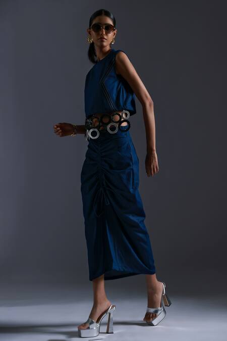 Shop Devina Juneja Blue Thin Denim Scrap Leather Boat Neck And Dori Sphere Tassel Embellished Top Online at Aza Fashions Shop_Devina Juneja_Blue Thin Denim Scrap Leather Boat Neck And Dori Sphere Tassel Embellished Top _Online_at_Aza_Fashions