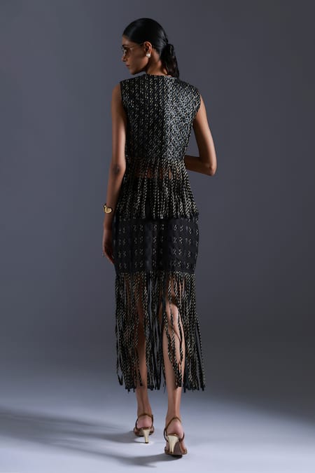 Shop Devina Juneja Black Luxury Crepe Scrap Leather Checkered Weave Fringe Skirt at Aza Fashions Shop_Devina Juneja_Black Luxury Crepe Scrap Leather Checkered Weave Fringe Skirt _at_Aza_Fashions